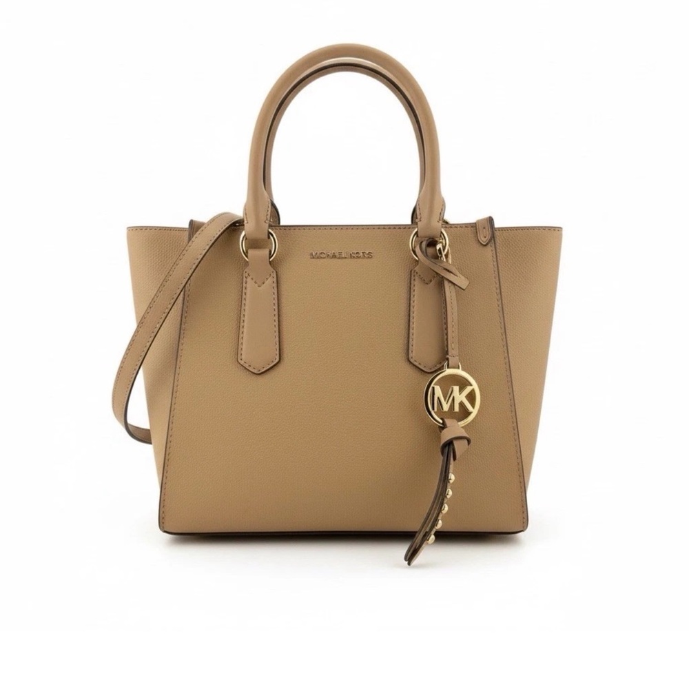 Michael Kors Beige/Tan Leather Satchel with Gold MK Charm